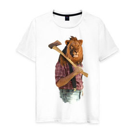 Мужская футболка хлопок с принтом Lion lumberjack в Петрозаводске, 100% хлопок | прямой крой, круглый вырез горловины, длина до линии бедер, слегка спущенное плечо. | голова животного | лев в рубашке | лев с телом человека | лев с топором | тело человека | человек с головой льва
