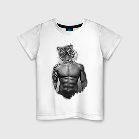 Детская футболка хлопок с принтом Tiger power в Петрозаводске, 100% хлопок | круглый вырез горловины, полуприлегающий силуэт, длина до линии бедер | Тематика изображения на принте: голова животного | тело человека | тигр с телом человека | человек с головой тигра