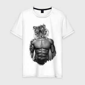 Мужская футболка хлопок с принтом Tiger power в Петрозаводске, 100% хлопок | прямой крой, круглый вырез горловины, длина до линии бедер, слегка спущенное плечо. | голова животного | тело человека | тигр с телом человека | человек с головой тигра