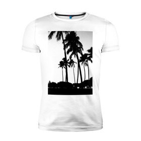 Мужская футболка премиум с принтом Black palms в Петрозаводске, 92% хлопок, 8% лайкра | приталенный силуэт, круглый вырез ворота, длина до линии бедра, короткий рукав | летние | лето | на лето | пальмы