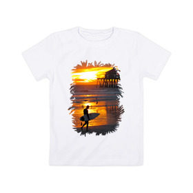 Детская футболка хлопок с принтом Summer surfing в Петрозаводске, 100% хлопок | круглый вырез горловины, полуприлегающий силуэт, длина до линии бедер | Тематика изображения на принте: летние | лето | море | на лето | океан | пляж | серфинг