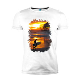 Мужская футболка премиум с принтом Summer surfing в Петрозаводске, 92% хлопок, 8% лайкра | приталенный силуэт, круглый вырез ворота, длина до линии бедра, короткий рукав | летние | лето | море | на лето | океан | пляж | серфинг