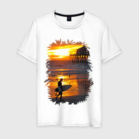 Мужская футболка хлопок с принтом Summer surfing в Петрозаводске, 100% хлопок | прямой крой, круглый вырез горловины, длина до линии бедер, слегка спущенное плечо. | летние | лето | море | на лето | океан | пляж | серфинг