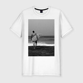 Мужская футболка премиум с принтом Surfingboy в Петрозаводске, 92% хлопок, 8% лайкра | приталенный силуэт, круглый вырез ворота, длина до линии бедра, короткий рукав | летние | лето | море | на лето | океан | пляж | серфинг