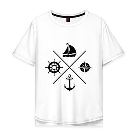 Мужская футболка хлопок Oversize с принтом Sailor theme в Петрозаводске, 100% хлопок | свободный крой, круглый ворот, “спинка” длиннее передней части | sailor theme | азимут | компас | кораблик | корабль | лодка | путешествие | штурвал | якорь