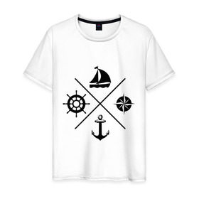 Мужская футболка хлопок с принтом Sailor theme в Петрозаводске, 100% хлопок | прямой крой, круглый вырез горловины, длина до линии бедер, слегка спущенное плечо. | sailor theme | азимут | компас | кораблик | корабль | лодка | путешествие | штурвал | якорь