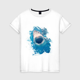 Женская футболка хлопок с принтом Акула watercolor в Петрозаводске, 100% хлопок | прямой крой, круглый вырез горловины, длина до линии бедер, слегка спущенное плечо | 