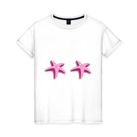 Женская футболка хлопок с принтом Морские звездочки в Петрозаводске, 100% хлопок | прямой крой, круглый вырез горловины, длина до линии бедер, слегка спущенное плечо | 