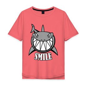 Мужская футболка хлопок Oversize с принтом Акула улыбается в Петрозаводске, 100% хлопок | свободный крой, круглый ворот, “спинка” длиннее передней части | Тематика изображения на принте: животные | зубы | оскал | пасть | улыбка | хищник