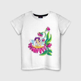 Детская футболка хлопок с принтом Фея на цветке. в Петрозаводске, 100% хлопок | круглый вырез горловины, полуприлегающий силуэт, длина до линии бедер | девочка фея | фея | фея в цветке | фея на цветке | цветок
