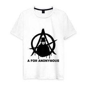 Мужская футболка хлопок с принтом A for Anonymous (А значит аноним) в Петрозаводске, 100% хлопок | прямой крой, круглый вырез горловины, длина до линии бедер, слегка спущенное плечо. | anonymous | аноним | анонимус | вендета | вендетта | гай фокс