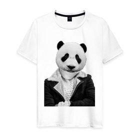Мужская футболка хлопок с принтом Панда в свитере в Петрозаводске, 100% хлопок | прямой крой, круглый вырез горловины, длина до линии бедер, слегка спущенное плечо. | panda | животное с телом человека | животные | панда в куртке | тело человека голова животного | человек с головой животного