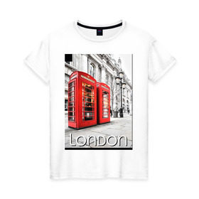 Женская футболка хлопок с принтом Телефонные будки Лондона в Петрозаводске, 100% хлопок | прямой крой, круглый вырез горловины, длина до линии бедер, слегка спущенное плечо | лондон