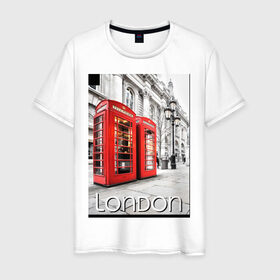 Мужская футболка хлопок с принтом Телефонные будки Лондона в Петрозаводске, 100% хлопок | прямой крой, круглый вырез горловины, длина до линии бедер, слегка спущенное плечо. | лондон