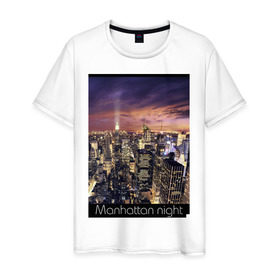Мужская футболка хлопок с принтом Ночной Манхеттен в Петрозаводске, 100% хлопок | прямой крой, круглый вырез горловины, длина до линии бедер, слегка спущенное плечо. | new york ny | nyc | urban | город | города | нью йорк | урбан