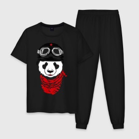 Мужская пижама хлопок с принтом Панда байкер в Петрозаводске, 100% хлопок | брюки и футболка прямого кроя, без карманов, на брюках мягкая резинка на поясе и по низу штанин
 | panda | медведь | медвежонок | мишка | мотоциклист | шлем