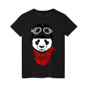 Женская футболка хлопок с принтом Панда байкер в Петрозаводске, 100% хлопок | прямой крой, круглый вырез горловины, длина до линии бедер, слегка спущенное плечо | panda | медведь | медвежонок | мишка | мотоциклист | шлем