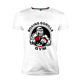 Мужская футболка премиум с принтом Boxing gorilla gym в Петрозаводске, 92% хлопок, 8% лайкра | приталенный силуэт, круглый вырез ворота, длина до линии бедра, короткий рукав | боец | бокс | боксер | горила | горилла | кулаки | обезьяна | спорт | спортсменам