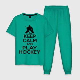 Мужская пижама хлопок с принтом Keep calm and play hockey в Петрозаводске, 100% хлопок | брюки и футболка прямого кроя, без карманов, на брюках мягкая резинка на поясе и по низу штанин
 | Тематика изображения на принте: hockey | keep calm | keep calm and play hockey | вратарь | хоккеист | хоккей | хоккейный вратарь