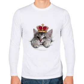 Мужской лонгслив хлопок с принтом Pretty kitten в Петрозаводске, 100% хлопок |  | kitten | meow | meow kitten | киса | корона | корона на голове кота | кот | кот с короной | котик | котэ | котяра | кошка | прикольный кот