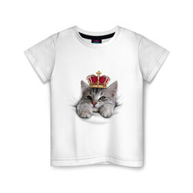 Детская футболка хлопок с принтом Pretty kitten в Петрозаводске, 100% хлопок | круглый вырез горловины, полуприлегающий силуэт, длина до линии бедер | kitten | meow | meow kitten | киса | корона | корона на голове кота | кот | кот с короной | котик | котэ | котяра | кошка | прикольный кот