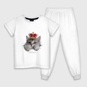 Детская пижама хлопок с принтом Pretty kitten в Петрозаводске, 100% хлопок |  брюки и футболка прямого кроя, без карманов, на брюках мягкая резинка на поясе и по низу штанин
 | kitten | meow | meow kitten | киса | корона | корона на голове кота | кот | кот с короной | котик | котэ | котяра | кошка | прикольный кот