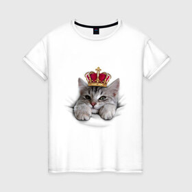 Женская футболка хлопок с принтом Pretty kitten в Петрозаводске, 100% хлопок | прямой крой, круглый вырез горловины, длина до линии бедер, слегка спущенное плечо | kitten | meow | meow kitten | киса | корона | корона на голове кота | кот | кот с короной | котик | котэ | котяра | кошка | прикольный кот