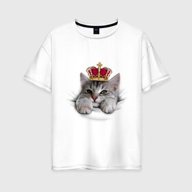 Женская футболка хлопок Oversize с принтом Pretty kitten в Петрозаводске, 100% хлопок | свободный крой, круглый ворот, спущенный рукав, длина до линии бедер
 | kitten | meow | meow kitten | киса | корона | корона на голове кота | кот | кот с короной | котик | котэ | котяра | кошка | прикольный кот