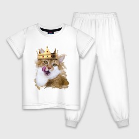 Детская пижама хлопок с принтом Spoiled cat в Петрозаводске, 100% хлопок |  брюки и футболка прямого кроя, без карманов, на брюках мягкая резинка на поясе и по низу штанин
 | Тематика изображения на принте: kitten | meow | meow kitten | злой кот | киса | корона | корона на голове кота | кот | кот с короной | котик | котэ | котяра | кошка | облизывающаяся кот | прикольный кот