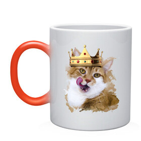 Кружка хамелеон с принтом Spoiled cat в Петрозаводске, керамика | меняет цвет при нагревании, емкость 330 мл | kitten | meow | meow kitten | злой кот | киса | корона | корона на голове кота | кот | кот с короной | котик | котэ | котяра | кошка | облизывающаяся кот | прикольный кот
