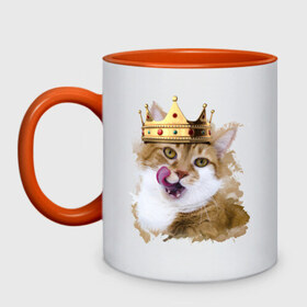 Кружка двухцветная с принтом Spoiled cat в Петрозаводске, керамика | объем — 330 мл, диаметр — 80 мм. Цветная ручка и кайма сверху, в некоторых цветах — вся внутренняя часть | Тематика изображения на принте: kitten | meow | meow kitten | злой кот | киса | корона | корона на голове кота | кот | кот с короной | котик | котэ | котяра | кошка | облизывающаяся кот | прикольный кот