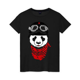 Женская футболка хлопок с принтом Панда байкер в Петрозаводске, 100% хлопок | прямой крой, круглый вырез горловины, длина до линии бедер, слегка спущенное плечо | panda biker | панда в шлеме | панда на байке
