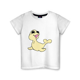 Детская футболка хлопок с принтом Милый тюлень в Петрозаводске, 100% хлопок | круглый вырез горловины, полуприлегающий силуэт, длина до линии бедер | веселый тюлень | животные | забавный тюлень | милый тюлень | морской лев | тюлень