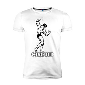 Мужская футболка премиум с принтом Conquer (побеждать). в Петрозаводске, 92% хлопок, 8% лайкра | приталенный силуэт, круглый вырез ворота, длина до линии бедра, короткий рукав | Тематика изображения на принте: 