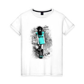 Женская футболка хлопок с принтом City star в Петрозаводске, 100% хлопок | прямой крой, круглый вырез горловины, длина до линии бедер, слегка спущенное плечо | газетный принт | газеты | девушка | фотография девушки