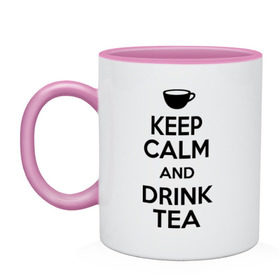 Кружка двухцветная с принтом Keep calm and drink tea в Петрозаводске, керамика | объем — 330 мл, диаметр — 80 мм. Цветная ручка и кайма сверху, в некоторых цветах — вся внутренняя часть | keep calm | keep calm and drink tea | tea | чай | чашка | чашка чая
