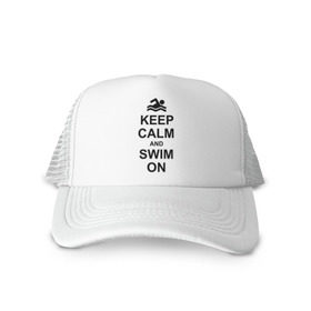 Кепка тракер с сеткой с принтом Keep calm and swim on. в Петрозаводске, трикотажное полотно; задняя часть — сетка | длинный козырек, универсальный размер, пластиковая застежка | keep calm | keep calm and swim on | плавание | пловец