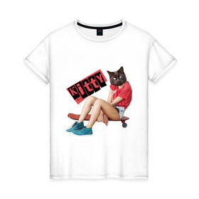 Женская футболка хлопок с принтом Kitty в Петрозаводске, 100% хлопок | прямой крой, круглый вырез горловины, длина до линии бедер, слегка спущенное плечо | kitty | девочка киса | девочка на скейтборде | девочка с головой кошки | киса | китти