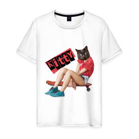 Мужская футболка хлопок с принтом Kitty в Петрозаводске, 100% хлопок | прямой крой, круглый вырез горловины, длина до линии бедер, слегка спущенное плечо. | kitty | девочка киса | девочка на скейтборде | девочка с головой кошки | киса | китти