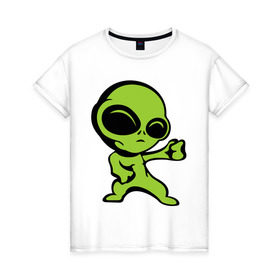 Женская футболка хлопок с принтом Пришелец в Петрозаводске, 100% хлопок | прямой крой, круглый вырез горловины, длина до линии бедер, слегка спущенное плечо | зеленый человечек | инопланетянин