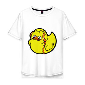Мужская футболка хлопок Oversize с принтом Утенок в наушниках в Петрозаводске, 100% хлопок | свободный крой, круглый ворот, “спинка” длиннее передней части | club | клубная музыка | музыка | наушники | утка