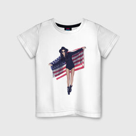 Детская футболка хлопок с принтом American girl в Петрозаводске, 100% хлопок | круглый вырез горловины, полуприлегающий силуэт, длина до линии бедер | Тематика изображения на принте: swag | usa | америка | американский флаг | девушка | сша