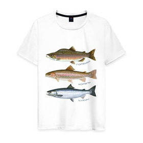 Мужская футболка хлопок с принтом Лососевые в Петрозаводске, 100% хлопок | прямой крой, круглый вырез горловины, длина до линии бедер, слегка спущенное плечо. | горбуша | кижуч | рыба | рыбалка | рыбачить | туризм | туристические | туристу | улов | форель
