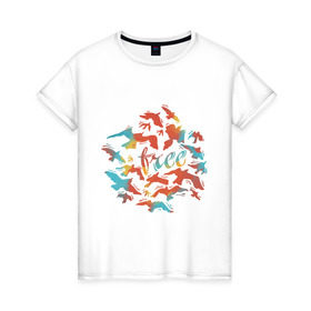 Женская футболка хлопок с принтом free в Петрозаводске, 100% хлопок | прямой крой, круглый вырез горловины, длина до линии бедер, слегка спущенное плечо | free | девушкам | для девушек | птицы | свобода | свободная девушка