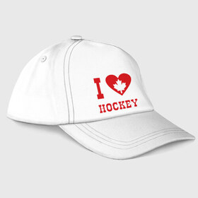Бейсболка с принтом Я люблю канадский хоккей. в Петрозаводске, 100% хлопок | классический козырек, металлическая застежка-регулятор размера | Тематика изображения на принте: hockey | i love hochey | канада | кленовые листья | спорт | хоккей | я люблю хоккей