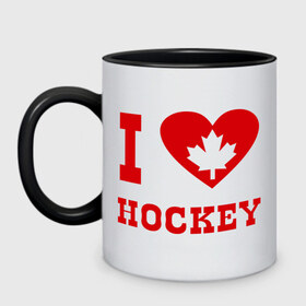 Кружка двухцветная с принтом Я люблю канадский хоккей. в Петрозаводске, керамика | объем — 330 мл, диаметр — 80 мм. Цветная ручка и кайма сверху, в некоторых цветах — вся внутренняя часть | hockey | i love hochey | канада | кленовые листья | спорт | хоккей | я люблю хоккей