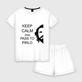 Женская пижама с шортиками хлопок с принтом Keep calm and pass to Pirlo в Петрозаводске, 100% хлопок | футболка прямого кроя, шорты свободные с широкой мягкой резинкой | мяч | пасуй | передача | пирло | спорт | спортивные | спортсмен | футбол | футболист