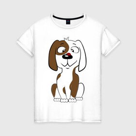 Женская футболка хлопок с принтом Забавный щенок в Петрозаводске, 100% хлопок | прямой крой, круглый вырез горловины, длина до линии бедер, слегка спущенное плечо | домашние животные | животные | собака | собачка | щенок