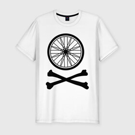 Мужская футболка премиум с принтом Bicycle в Петрозаводске, 92% хлопок, 8% лайкра | приталенный силуэт, круглый вырез ворота, длина до линии бедра, короткий рукав | bicycle | две кости | колесо | колесо от велосипеда | кости | кости с колесом | перекошенные кости