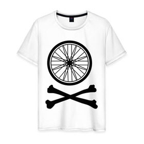 Мужская футболка хлопок с принтом Bicycle в Петрозаводске, 100% хлопок | прямой крой, круглый вырез горловины, длина до линии бедер, слегка спущенное плечо. | bicycle | две кости | колесо | колесо от велосипеда | кости | кости с колесом | перекошенные кости